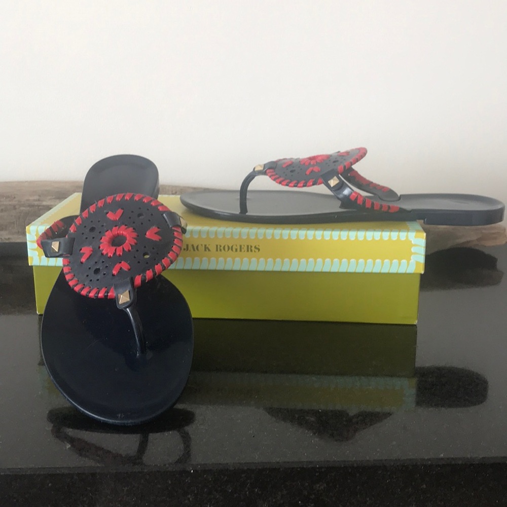 Jack Rogers rubber sandals in navy w/ red trim